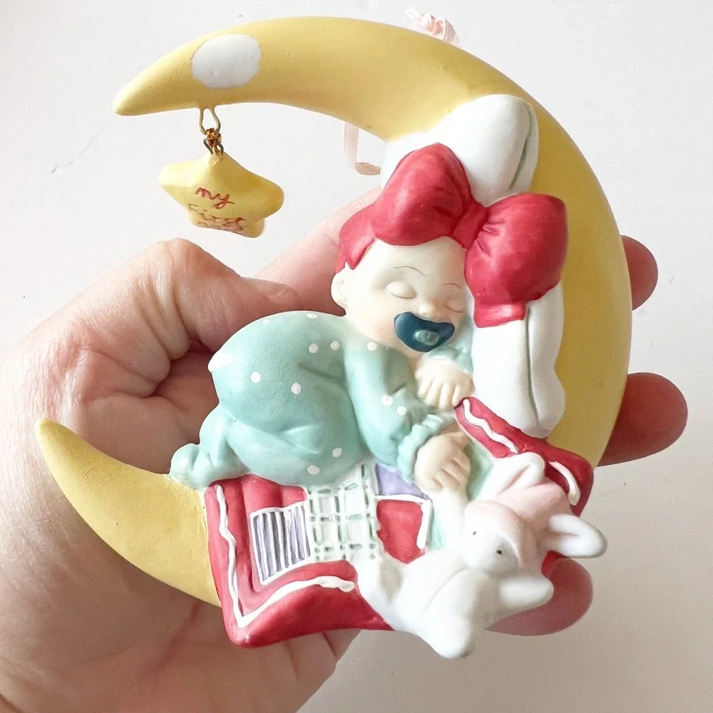 Vintage Silvestri Sleeping Baby Girl Ornament My First Noel Red Bow Moon Holiday